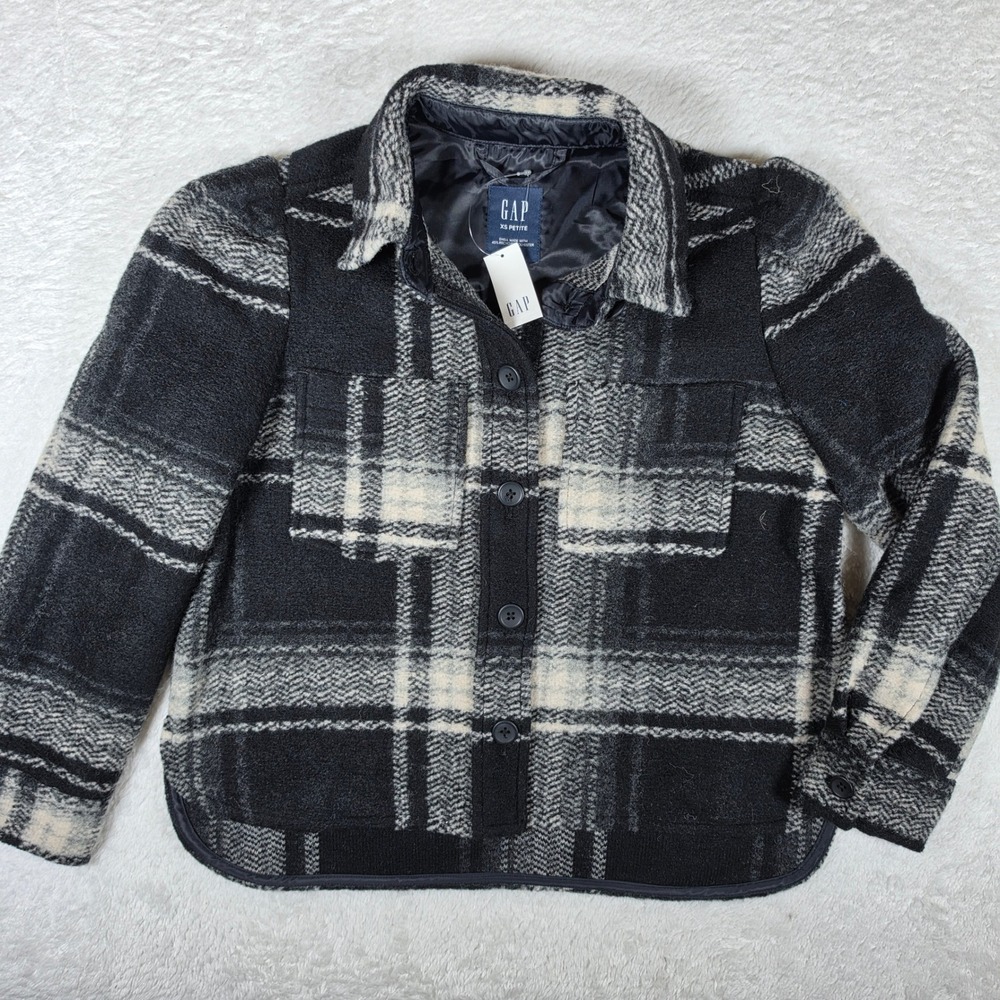 NEW Gap Puff Sleeve Cropped Women XS Petite Black Wool Plaid Button Jacket $148